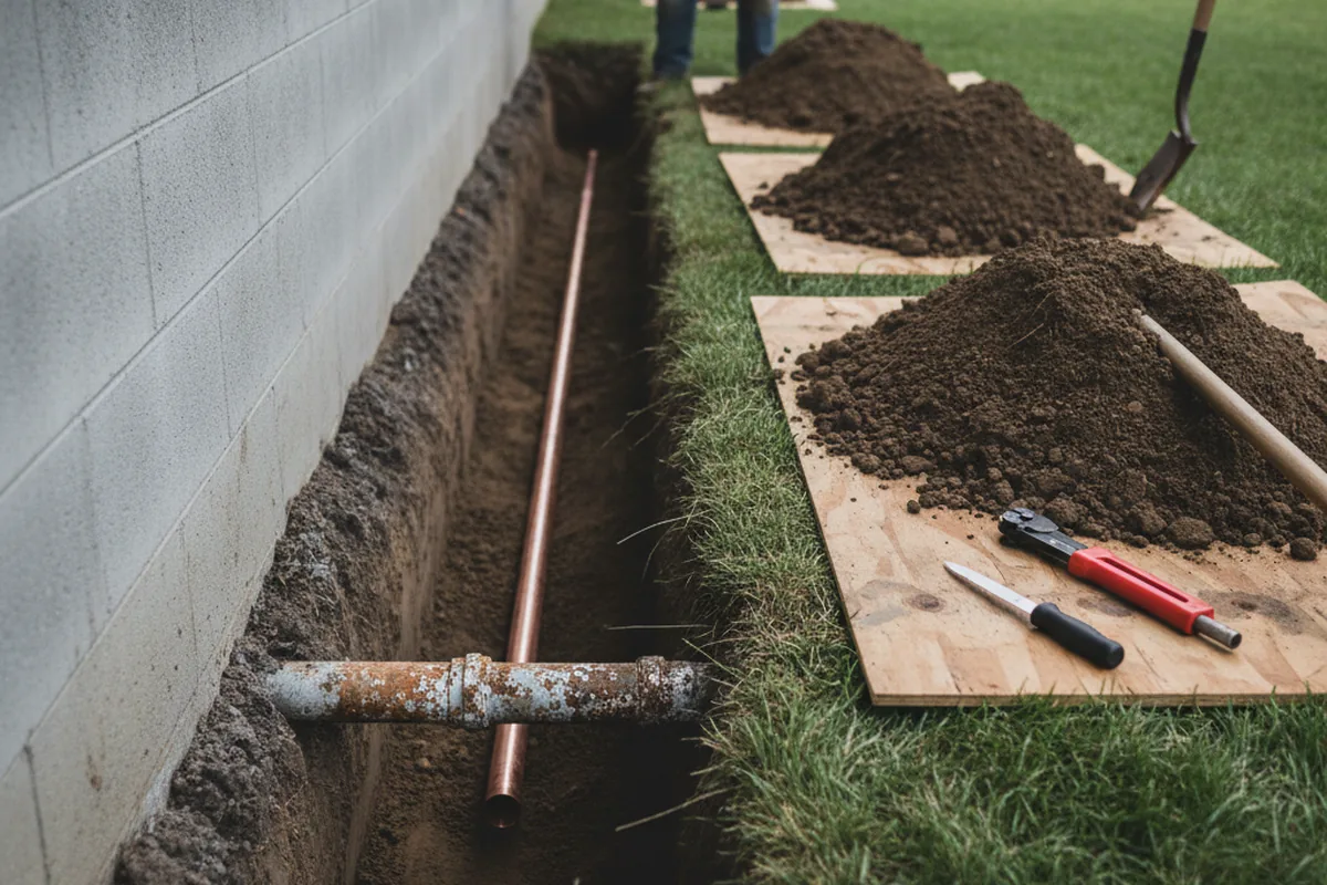 Excavated water line trench during Sewer Line Repair in College Point